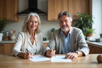 Couple d'âge moyen signant des documents dans la cuisine