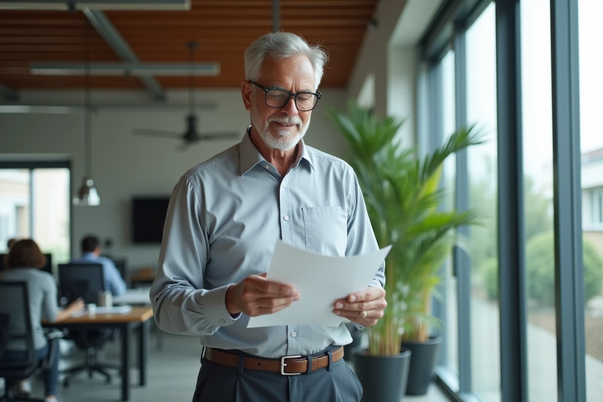 Homme senior consultant relisant sa lettre de départ retraite et congés payés dans un bureau moderne