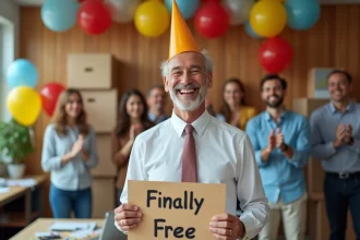 Homme joyeux à la retraite tenant une pancarte humoristique entouré de collègues dans un bureau décoré de ballons et banderoles