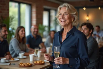 Femme prononçant un discours informel lors d'un pot de départ à la retraite dans un bureau décontracté