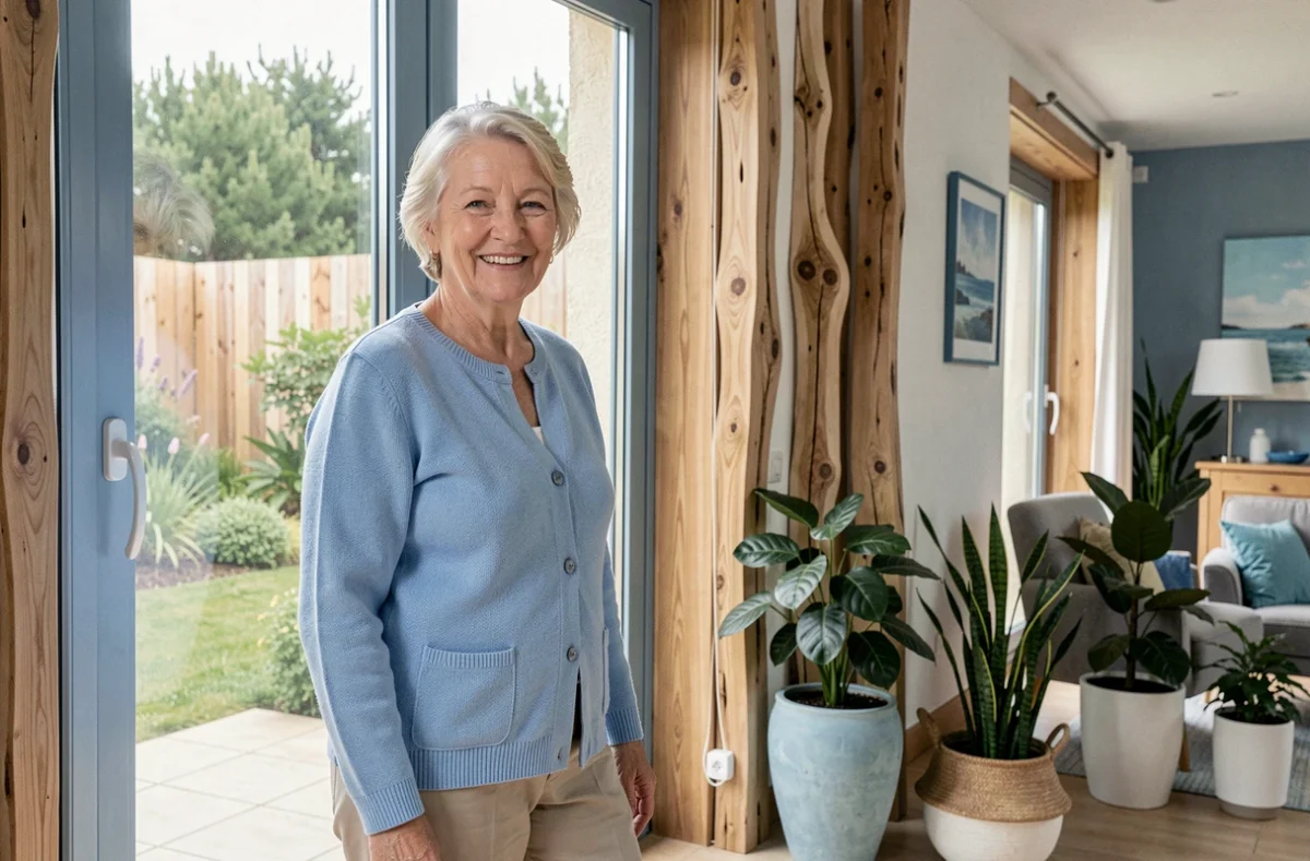 Femme senior souriante dans le salon de la résidence DOMITYS Les Nautiles à Nantes, avec décoration intérieure aux accents nautiques et vue sur jardin