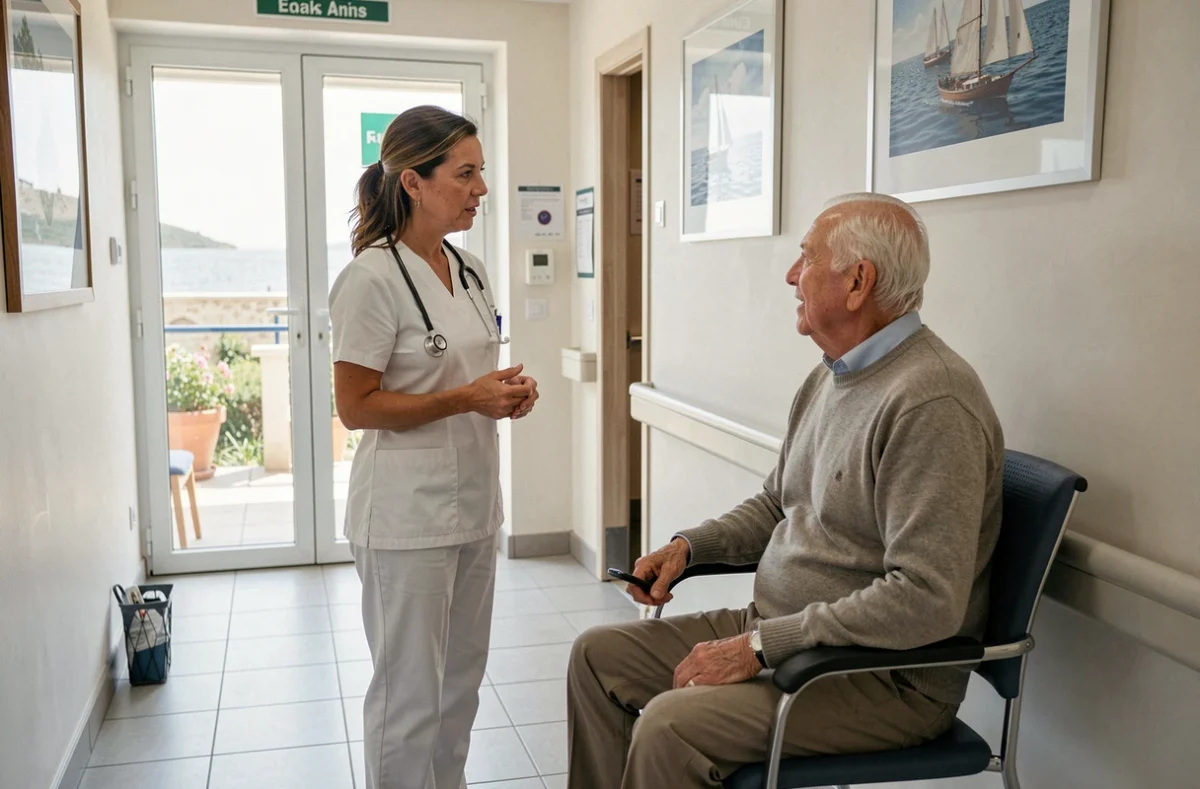 Infirmière en discussion bienveillante avec un résident âgé à l'EHPAD Ty Tudcoz du Centre Hospitalier de Paimpol