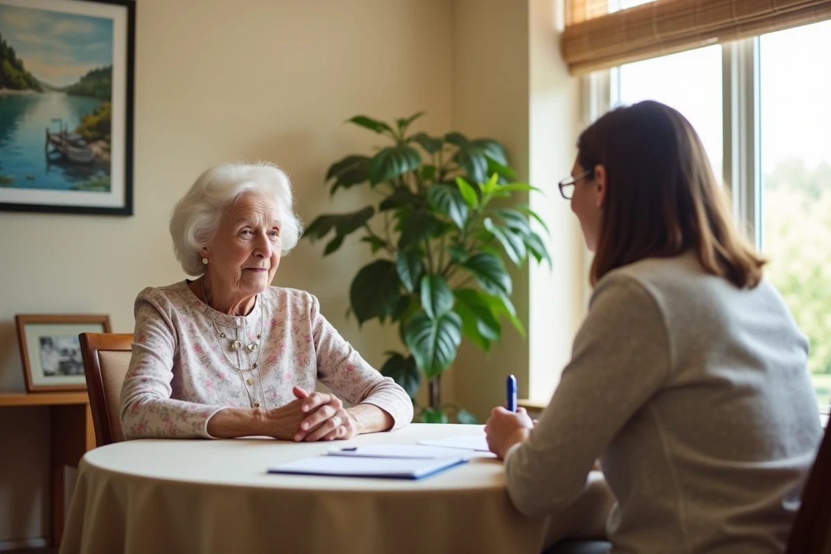 Rencontre entre une résidente âgée et une coordinatrice pour les démarches d'admission en maison de retraite
