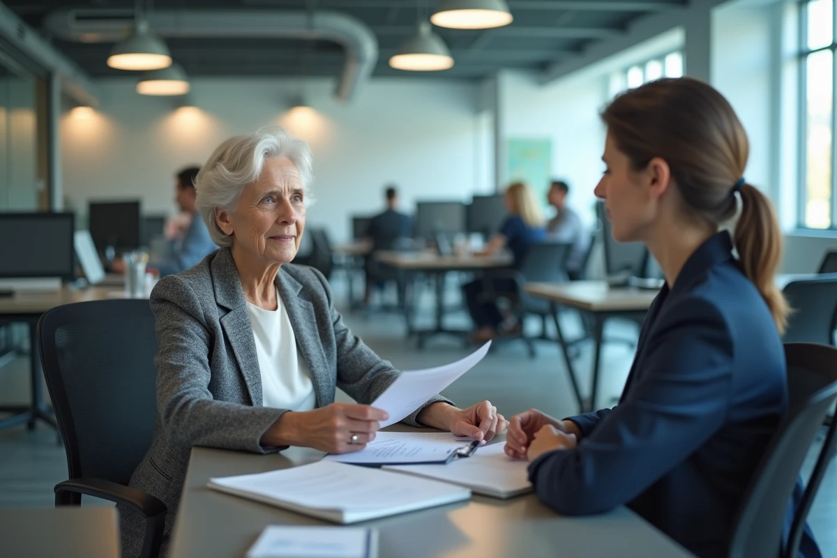 Femme senior en entretien avec un responsable RH dans un bureau d'entreprise, abordant les indemnités de licenciement pour salarié âgé en CDI
