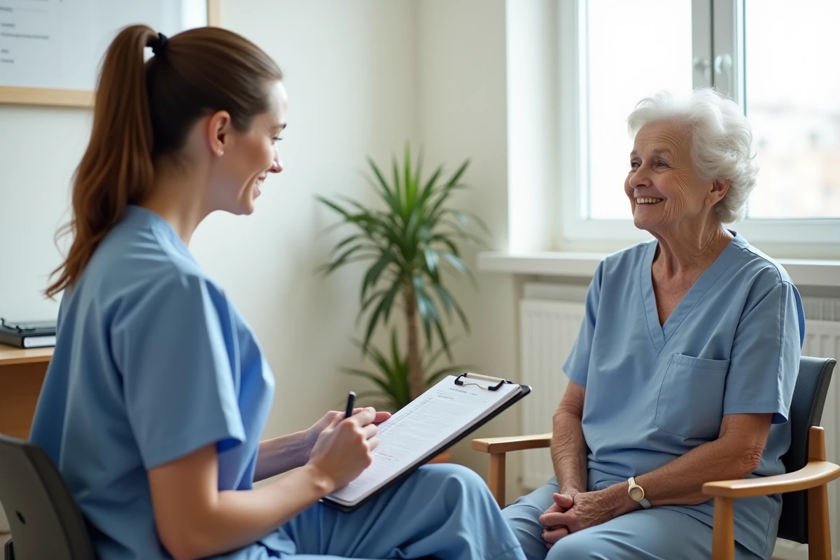 Infirmière évaluant le degré de dépendance d'une personne âgée lors d'une consultation médico-sociale