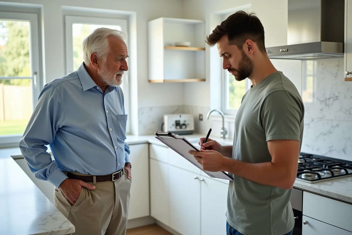 Therapeute évaluant un homme dans une cuisine moderne