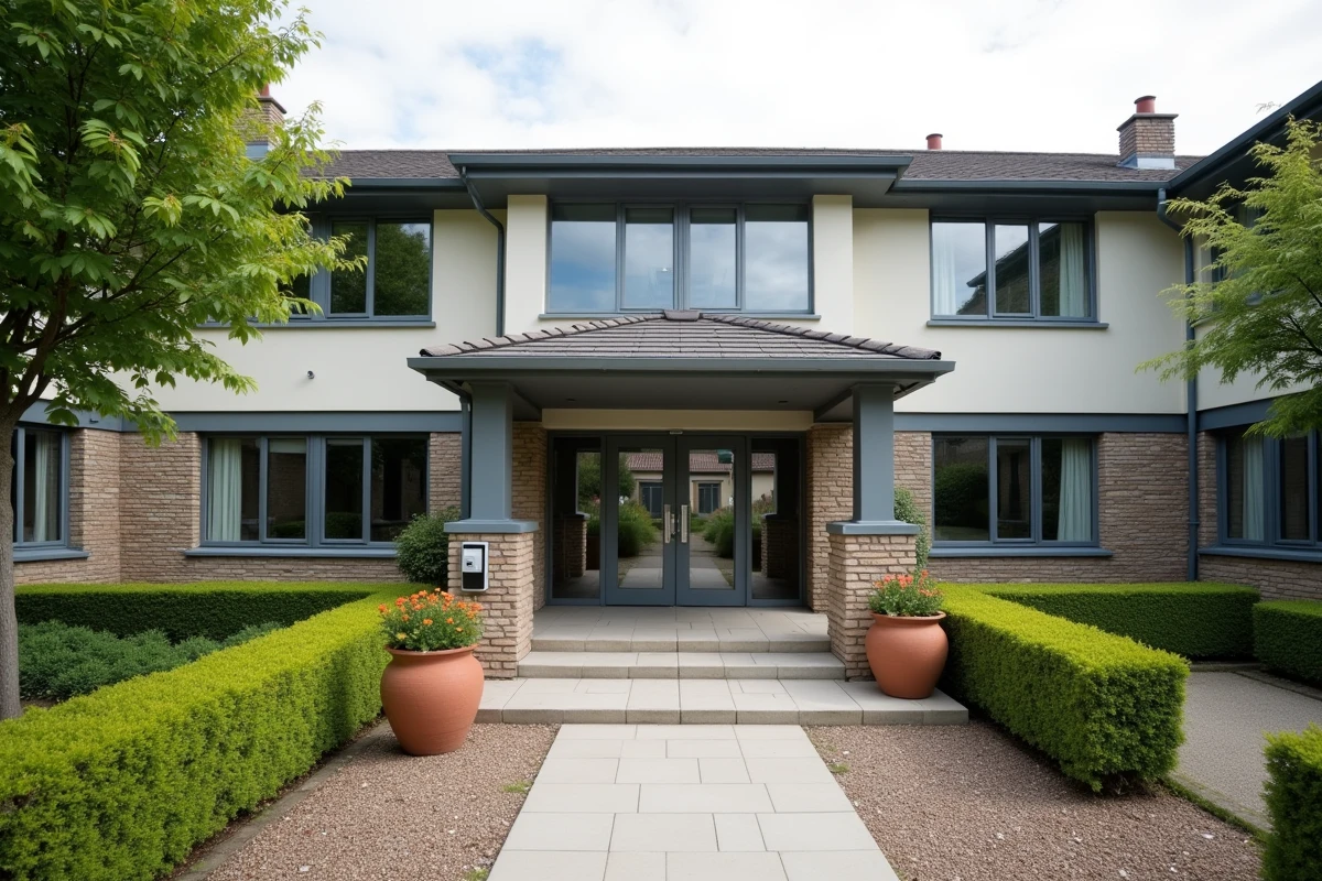 Façade extérieure accueillante d'une maison de retraite sécurisée avec entrée accessible et jardin soigné