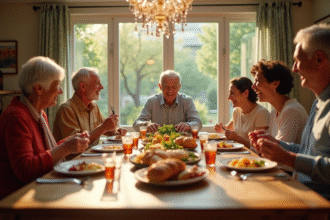 Famille multigenerational partageant un repas convivial à la maison