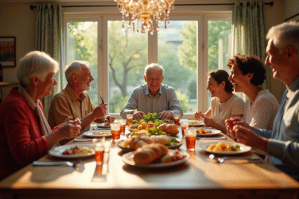 Famille multigenerational partageant un repas convivial à la maison