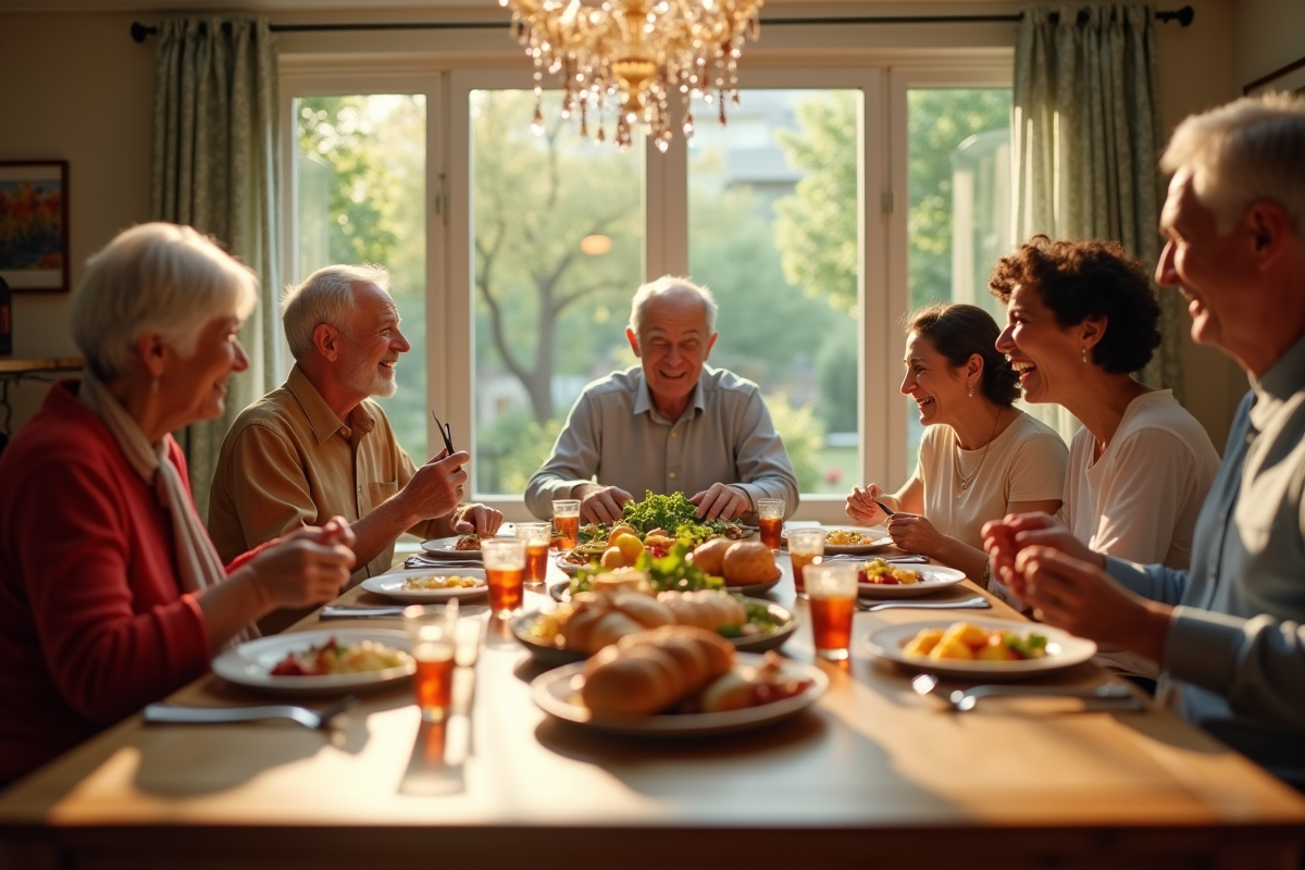 Famille multigenerational partageant un repas convivial à la maison