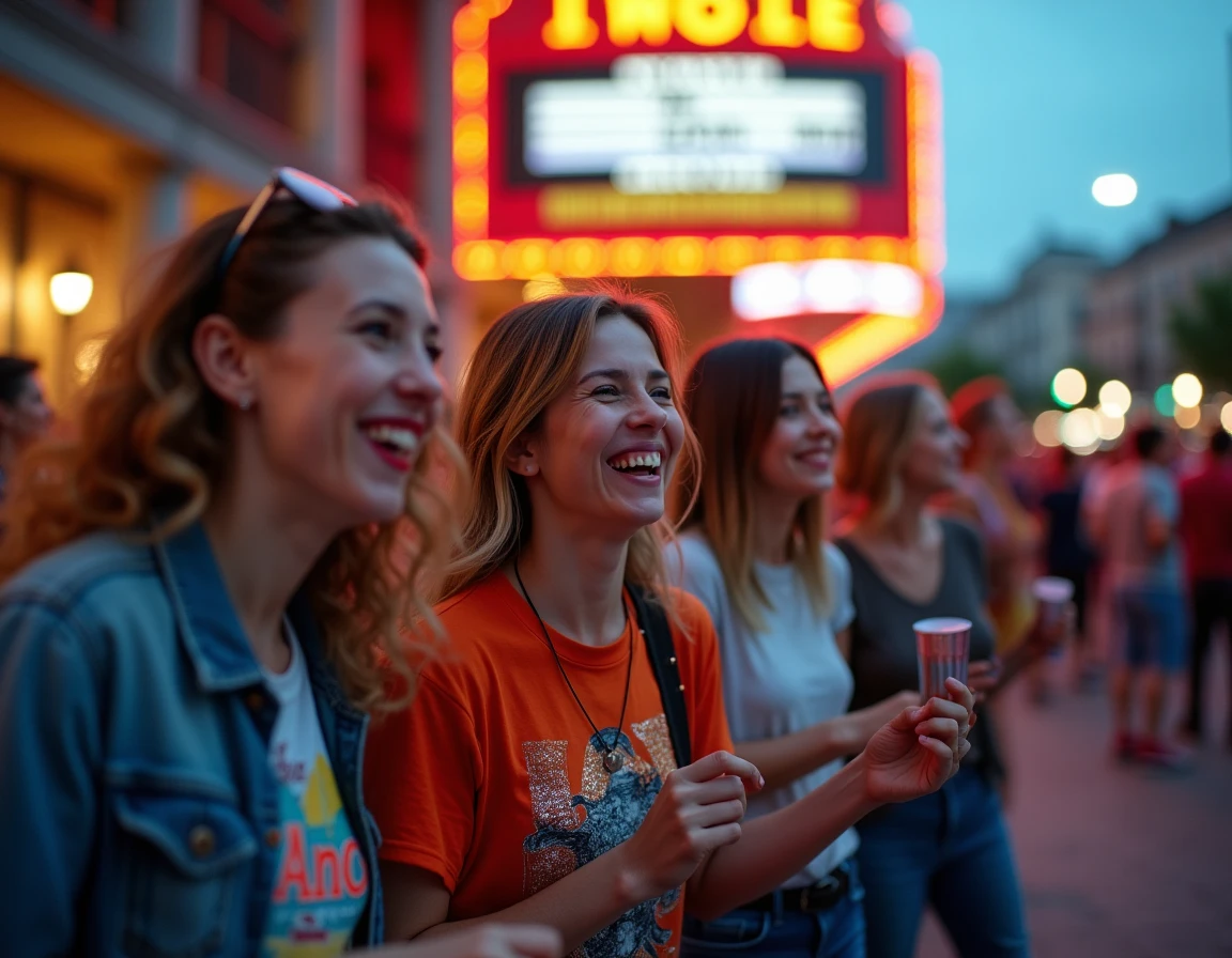 Fans de Madonna de tous âges devant une salle de concert, tenues rétro colorées et signes faits main, ambiance de rassemblement festif