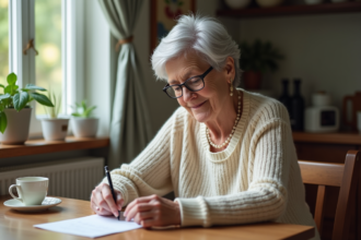 Femme de 70 ans lisant une lettre dans une cuisine chaleureuse