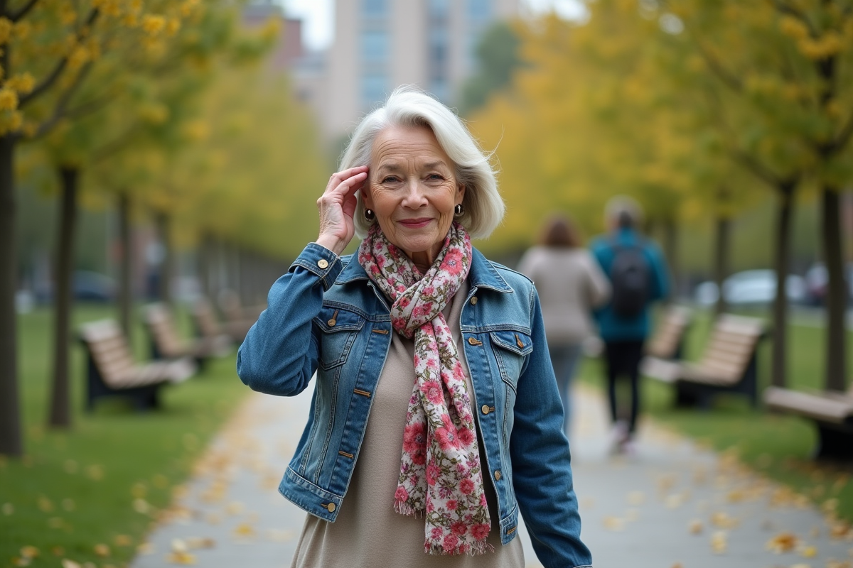 Femme active ajustant ses cheveux dans un parc urbain en fleurs