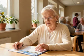 Femme âgée de 80 ans consultant des brochures de résidence senior à une table en bois dans une salle commune moderne et chaleureuse