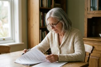 Femme âgée lisant un contrat d'assurance obsèques à la table de sa cuisine, expression sereine et attentive