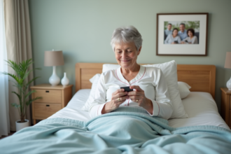 Femme agee souriante dans son lit confortable