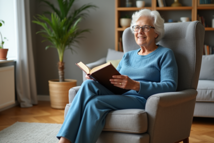Femme agee souriante lisant dans un fauteuil moderne