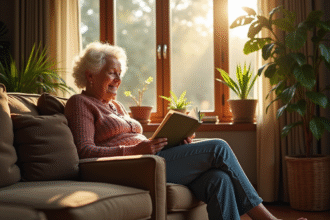 Femme agee lisant un livre dans un salon cosy