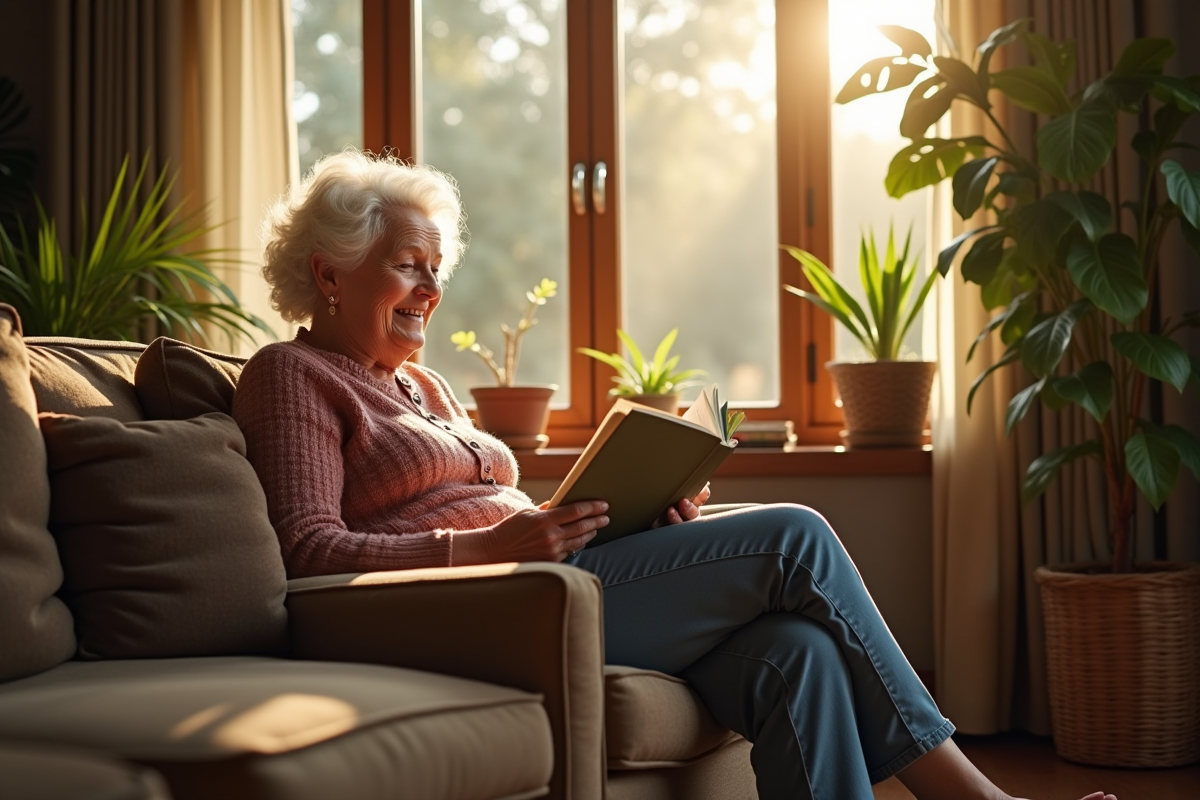 Femme agee lisant un livre dans un salon cosy