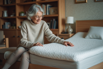 Femme âgée examine un matelas confortable dans sa chambre chaleureuse