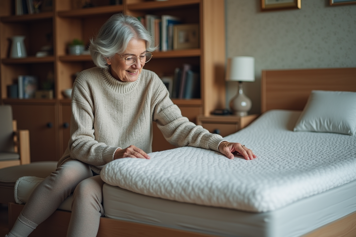 Femme âgée examine un matelas confortable dans sa chambre chaleureuse