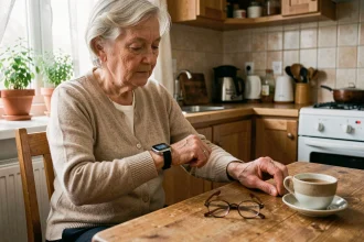 Femme âgée examinant une montre SOS GPS à son poignet dans une cuisine chaleureuse