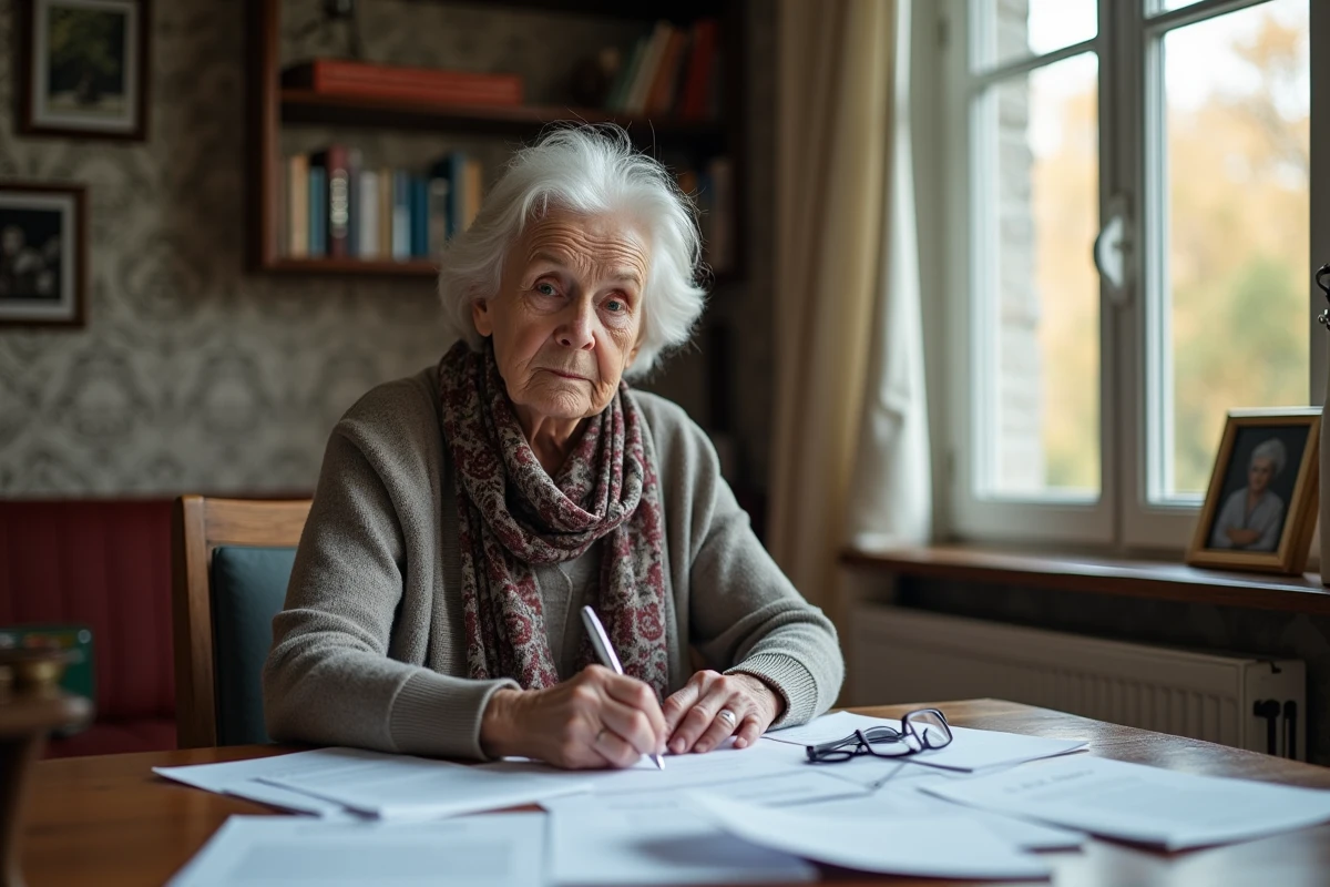 Femme âgée contemplant des documents administratifs dans son salon