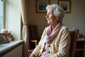 Femme âgée en cardigan pastel et foulard floral dans une maison de retraite