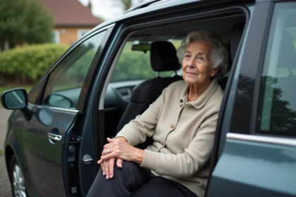 Femme agee dans une voiture moderne regardant par la fenetre