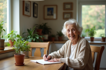Femme âgée journalisant dans une cuisine chaleureuse
