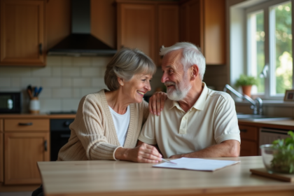 Femme aidant un senior dans une cuisine chaleureuse