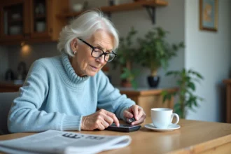 Femme âgée manipulant une carte SD avec un téléphone Doro
