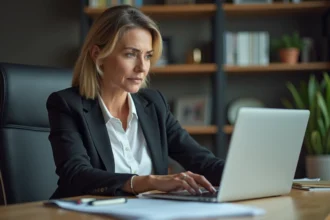 Femme d'âge moyen concentrée sur son ordinateur dans un bureau professionnel