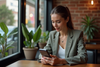 Femme élégante utilisant un smartphone dans un café urbain