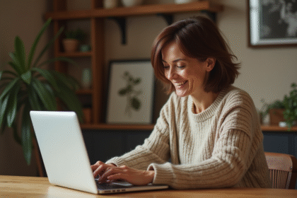 Femme d'âge moyen utilisant un ordinateur portable dans un intérieur chaleureux