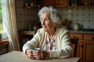 Femme centenaire assise à une table de cuisine en bois, tenant une tasse en céramique, évoquant la longévité humaine et le record d'âge