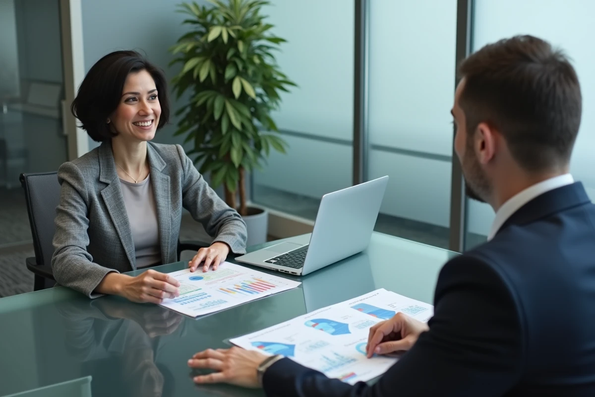 Femme cadre en consultation avec un conseiller financier pour optimiser son plafond de retraite, bureau moderne avec graphiques de prévisions