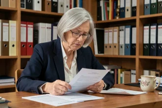 Femme de 62 ans consultant des documents de retraite à son bureau à domicile, illustrant la vérification des trimestres pour une retraite à taux plein