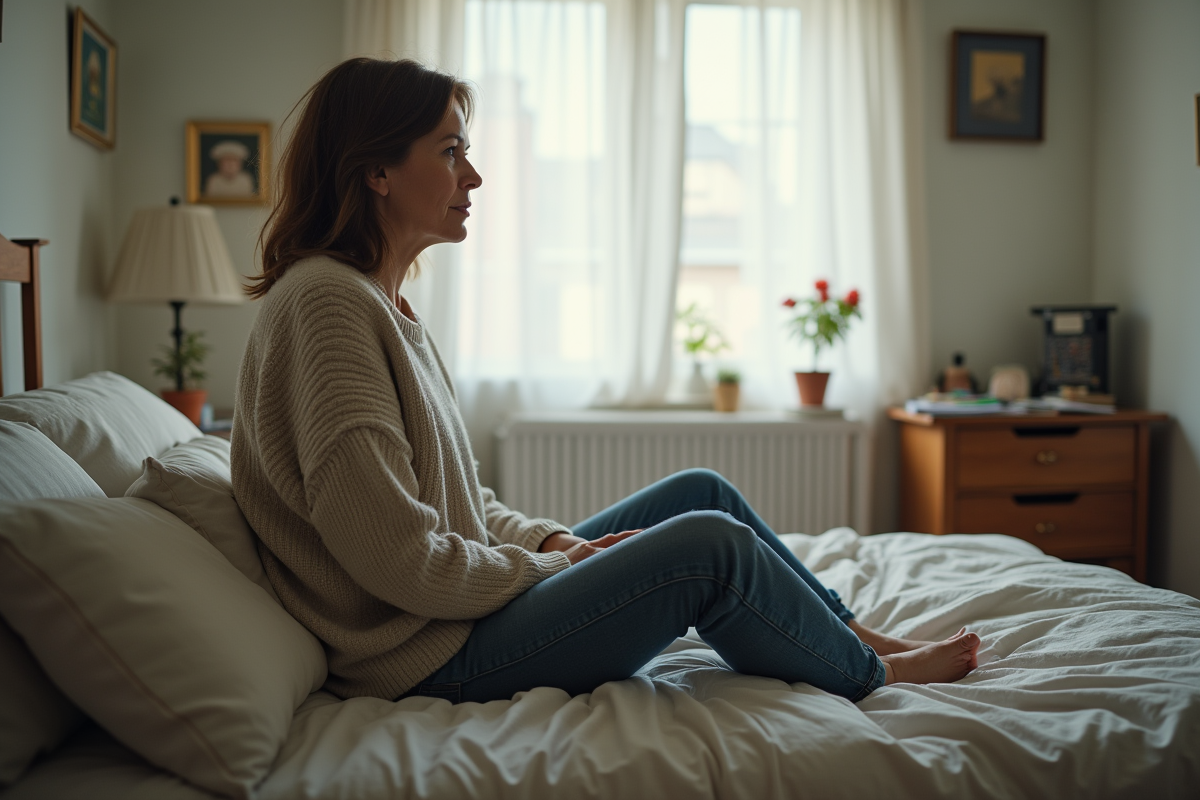Femme d'âge moyen assise sur le lit contemplant la fenêtre