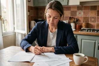 Une femme de 45 ans consulte des documents sur le chèque-vacances Agirc-Arrco à sa table de cuisine