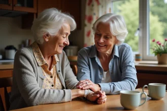 Femme âgée avec bracelet Alzheimer en famille chaleureuse