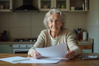 Femme âgée lisant des documents dans sa cuisine