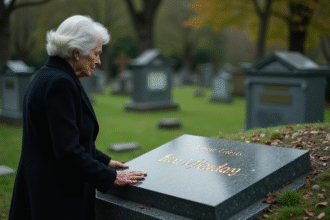 Femme âgée en manteau élégant près d'une tombe