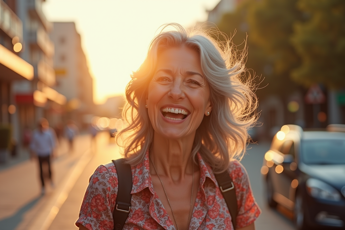 Femme mature aux cheveux gris bouclés riant en extérieur