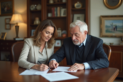 Femme d'âge moyen examinant des documents avec un homme âgé à la maison