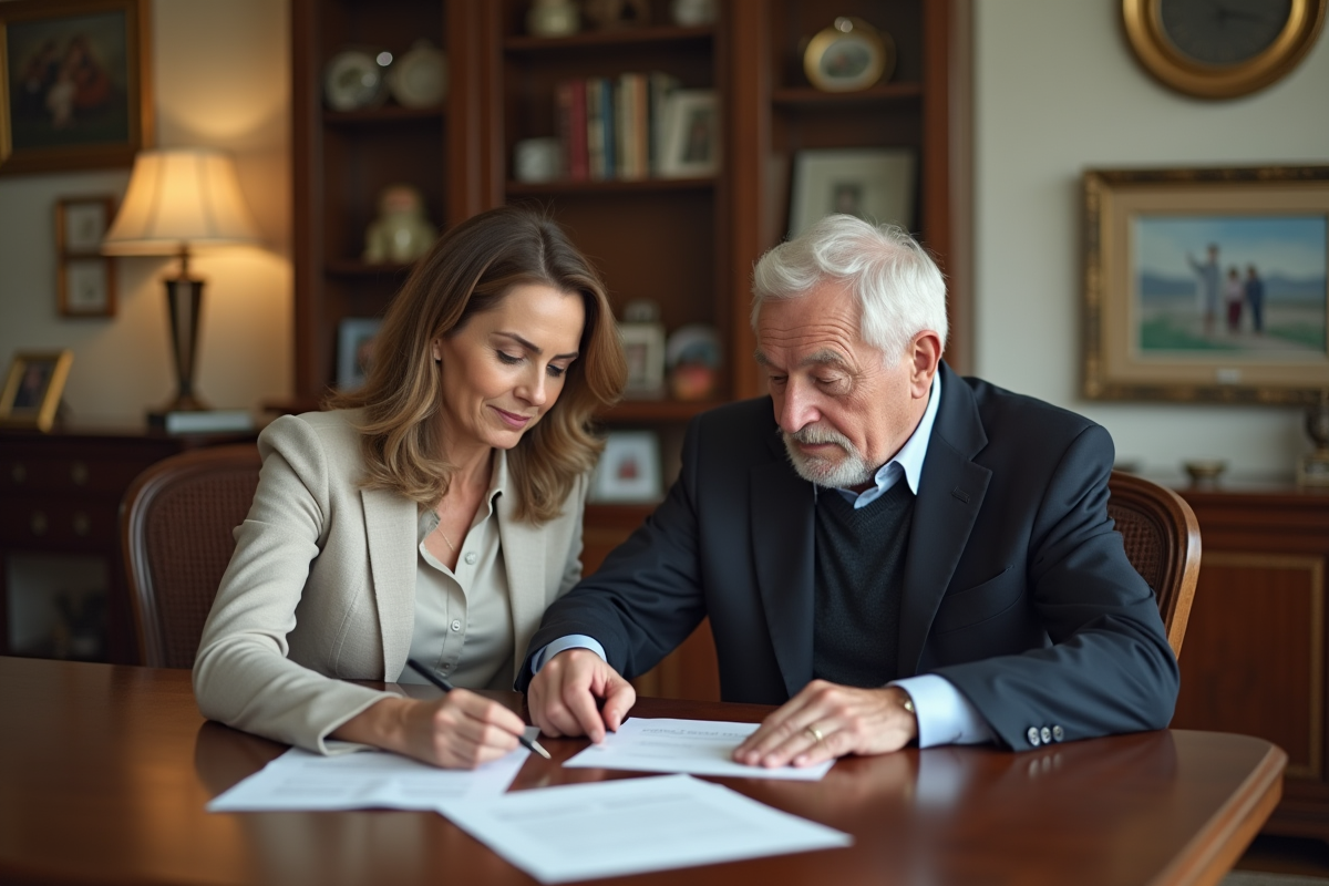Femme d'âge moyen examinant des documents avec un homme âgé à la maison