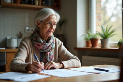 Femme d'âge moyen lisant des documents dans la cuisine