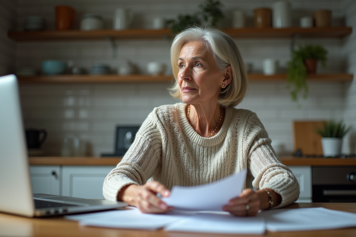 Femme mature lisant des documents dans sa cuisine