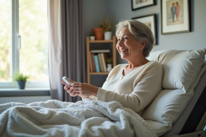 Femme d'âge moyen ajustant un lit médical à la maison