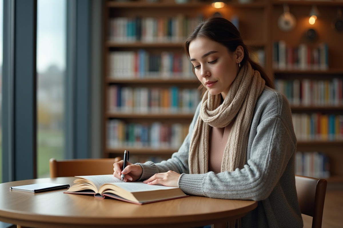 Jeune femme lisant seul dans une bibliothèque moderne